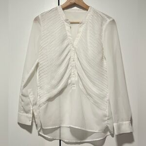 White Pleated Front Blouse - Long Sleeve, Sheer Chiffon Business Casual Size M